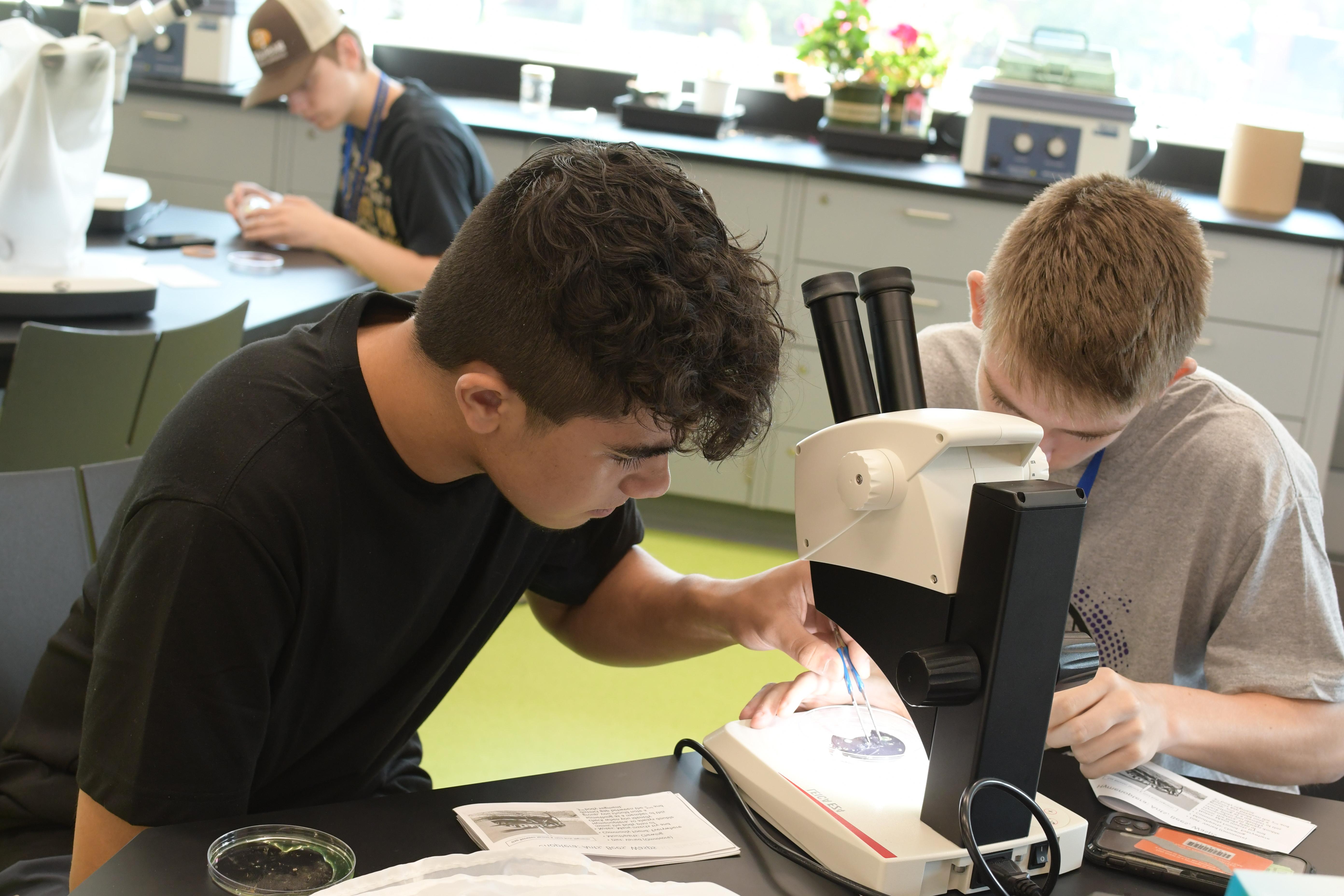 Two young students working on a project, one looks through a microscope.